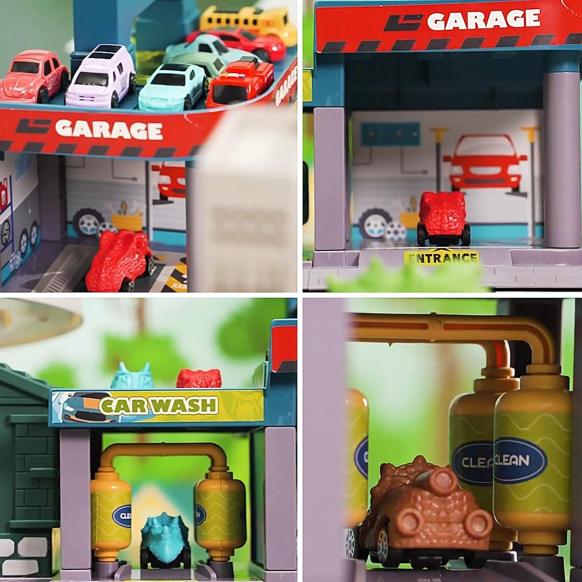 Dinosaurier Spielzeug Rennstrecken Spielset mit 7 Ebenen 8 Autos, Autorennbahn Parkhaus Garage City Streckenset Autobahn für Kinder ab 3 4 5 6 Jahren