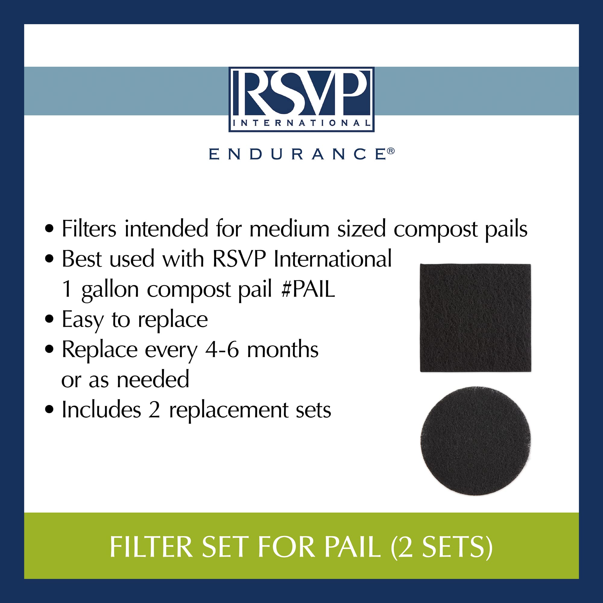 2 filtres de remplacement RSVP Seau à compost Endurance S/S Récipient/Seaut (Pail-Sqr) (Nouveau)