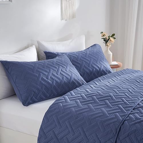 Miniatura 4 de beeweed Quilt Set Queen Size 3 Pieces Lightweight Microfiber Basket Pattern Bedspreads for All Season Bluish Grey Soft Summer Coverlet Set with