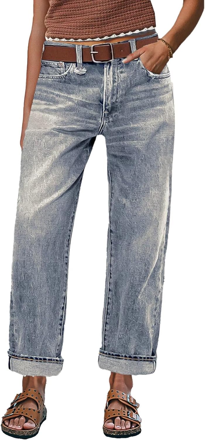 Flamingals Straight Leg Crop Jeans for Women Wash Raw Hem Mid Waist Jeans