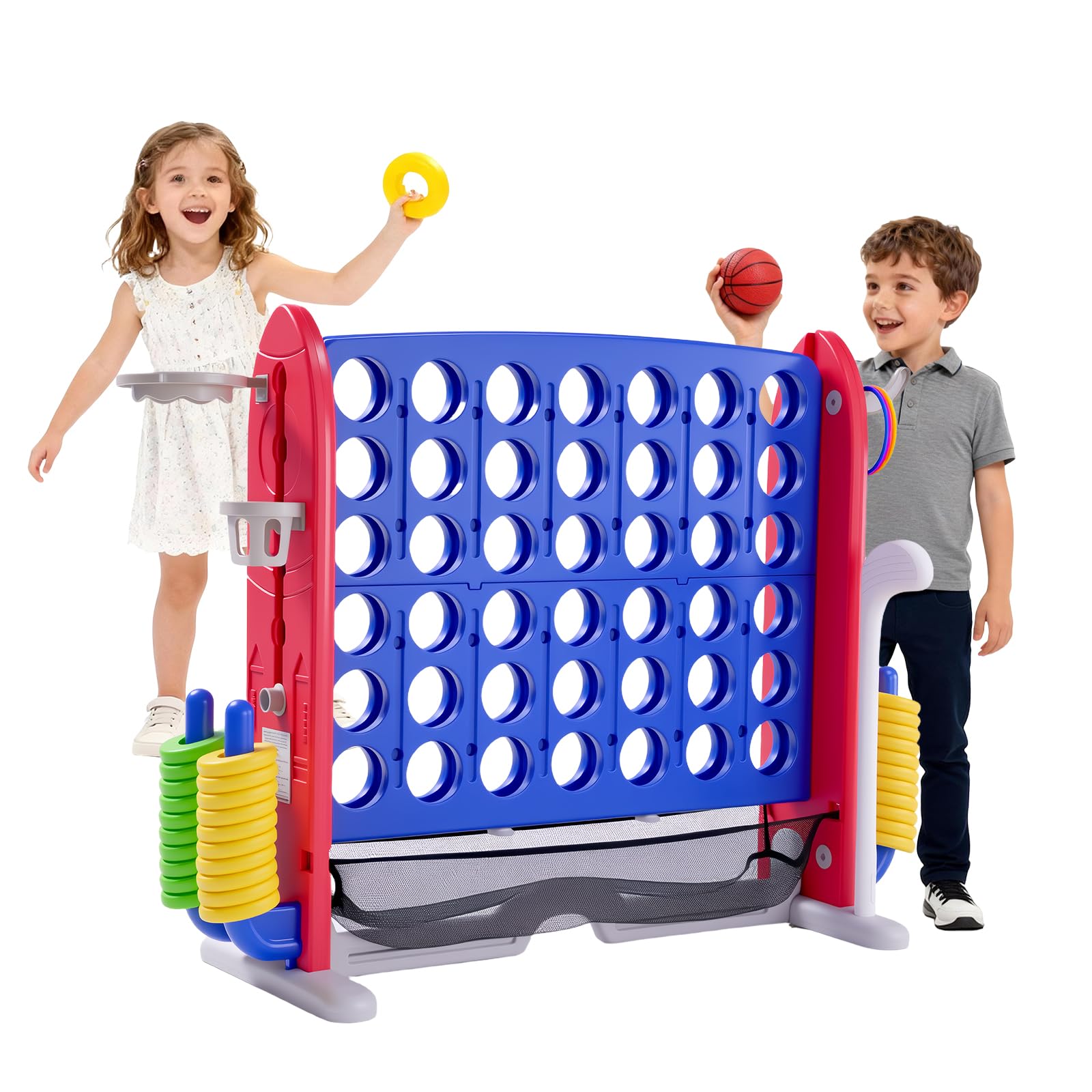 Gioco da Esterno 4-in-1 XXL con Canestro e Lancio Anelli – Altezza Regolabile – Perfetto per Feste, Giardino e Prato – Adatto a Bambini e Adulti – Include Gioco a 4 colonne Gigante – Colore: