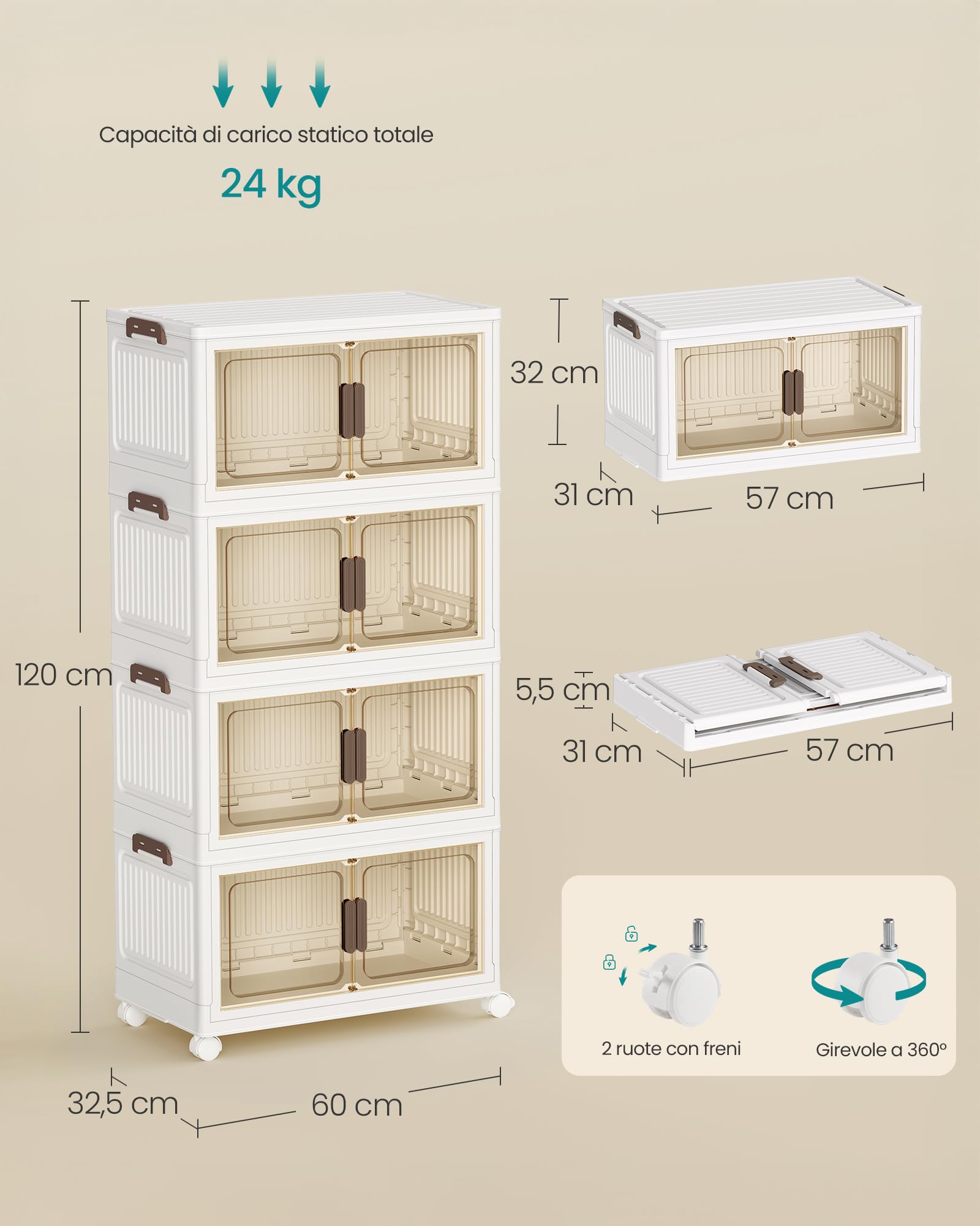 SONGMICS Contenitori 4 Livelli, Organizer Armadio con Coperchio, Scatole Plastica Impilabili con Ruote, Sportello Magnetico, Bianco, 55 L per Cesto, 220 L in Totale RLB460WZ01