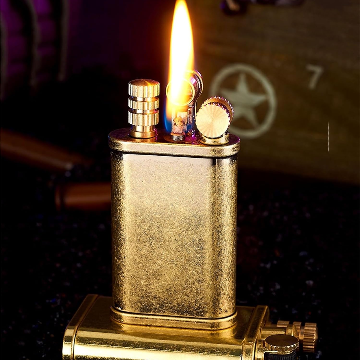 Double flame lighter, permanent match lighter and wheel lighter 2 in 1, classic elegant open flame lighter, refillable kerosene fuel, suitable for candles, camping, cigars, collection, men's gifts.(B)