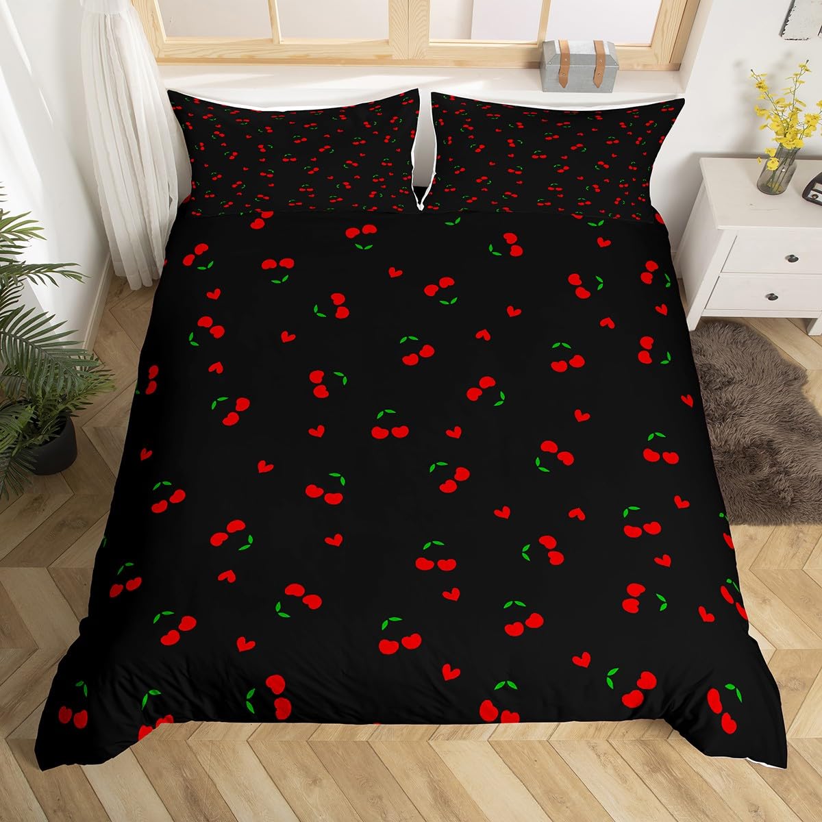 Feelyou Kids Cherry Duvet Cover Queen Size, Cherry Pattern Bedding Set Cute Fruit Comforter Cover Boys Girls Kawaii Cartoon Fruit Teens Bedspread