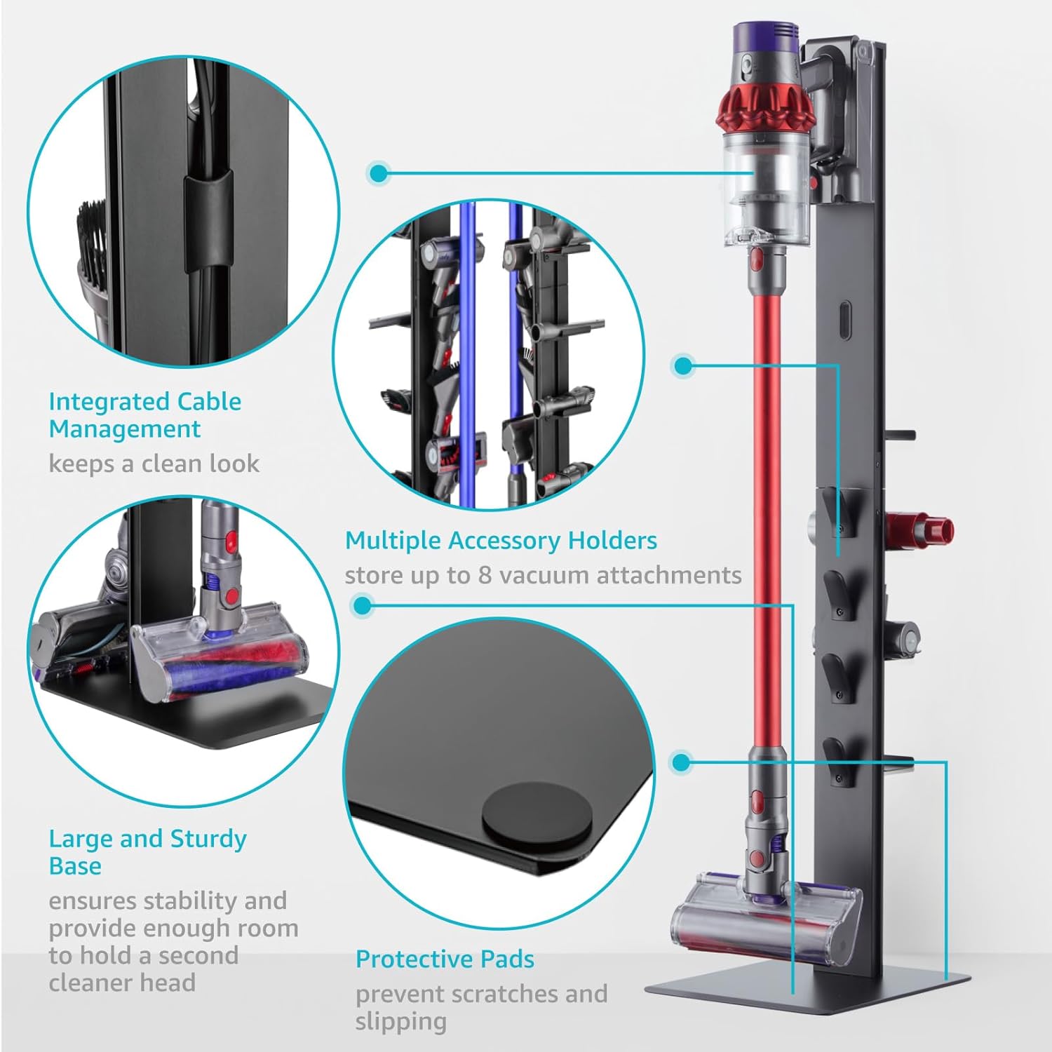 Vacuum Cleaner Stand, Compatible with Dyson Gen5 V15 V12 V11 V10 V8 V7 V6, Floor Cordless Vacuums Attachment Holder with 4 Hooks and 4 Shelves, Metal Storage Bracket Organizer, Black