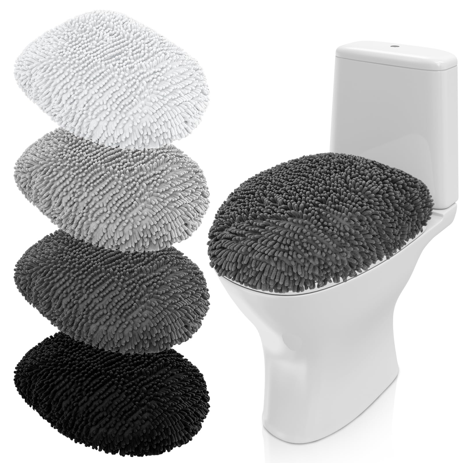 Peryiter 4 Pcs Toilet Lid Cover Plush Chenille Shag Toilet Lid Cover Seat Fits Most Size Bathroom Soft Toilet Lid Cover, Machine Washable Seat Covers with Elastic Bottom (Dark Colors)