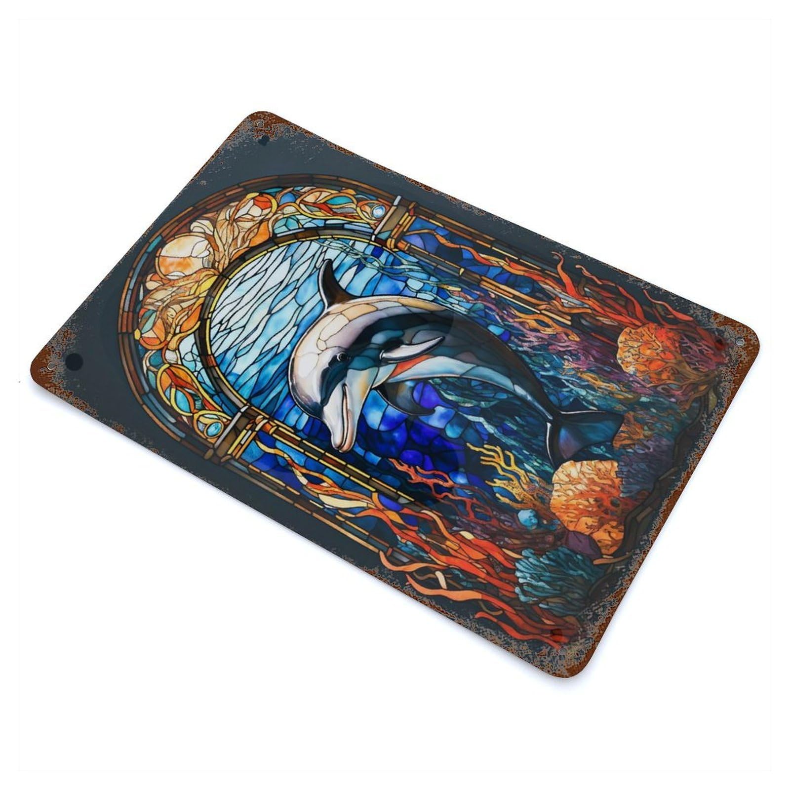 Distressed Metal Wall Sign with Dolphin Design 11.8"x7.9", for Living Room, Hallway And Home Decor, Vintage Wall Decor