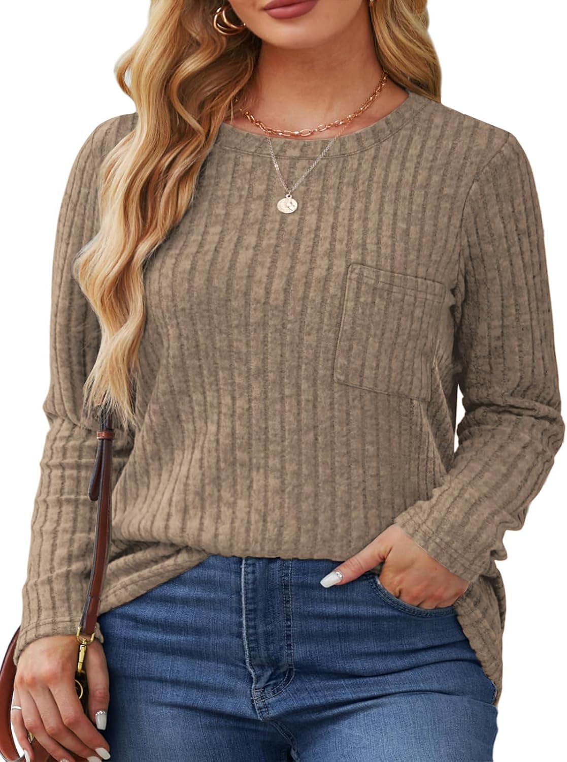 VISLILY Womens-Plus-Size-Tunic-Tops Casual Long Sleeve Crew Neck Shirts Striped Knitted Lightweight Sweaters with Cute Pocket - Image 2