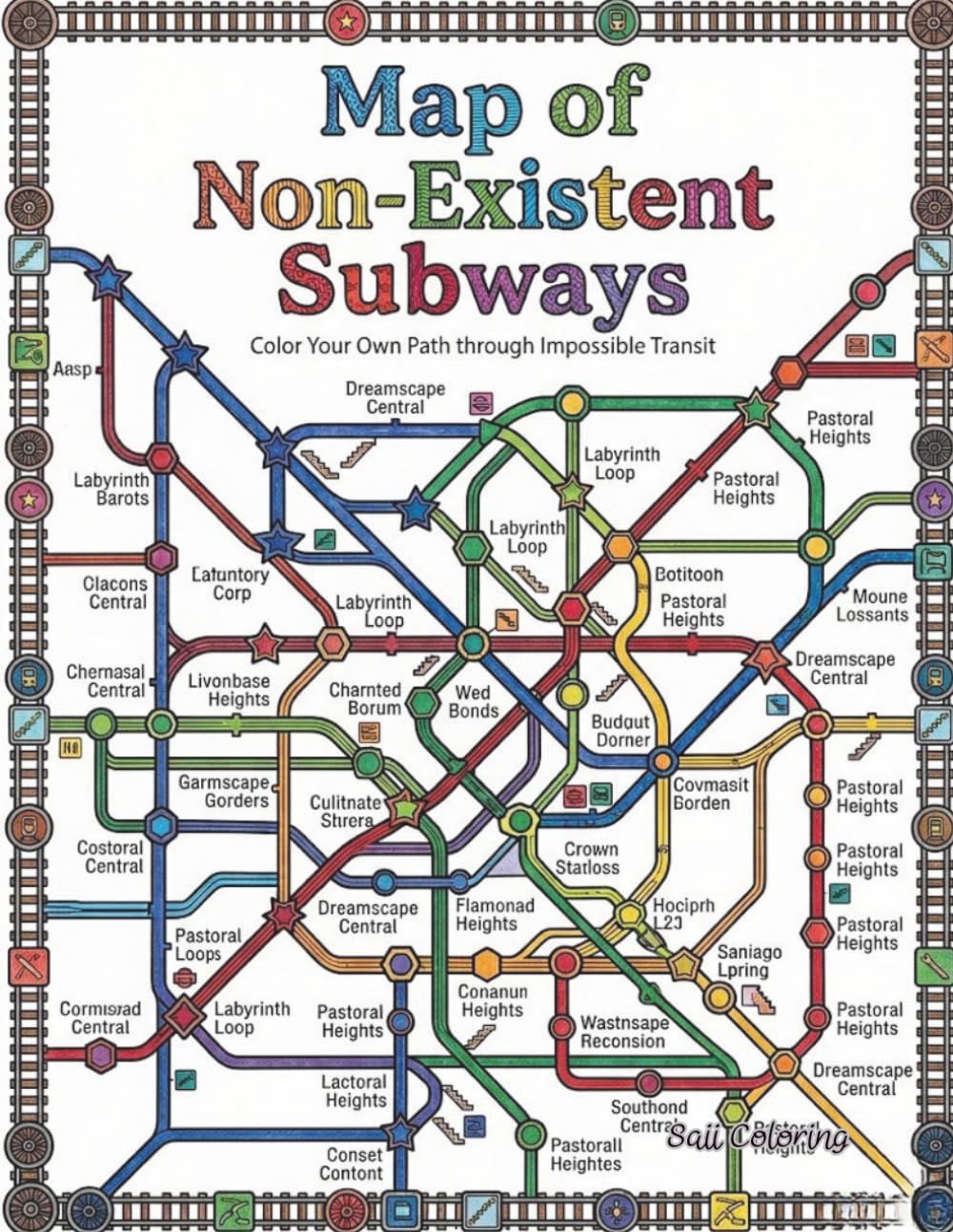 Map of Non-Existent Subways: A Fantasy Transit Coloring Adventure: Explore Impossible Cities, Lost Continents, and Space Colonies Through Intricate Map Designs for Adults and Teens