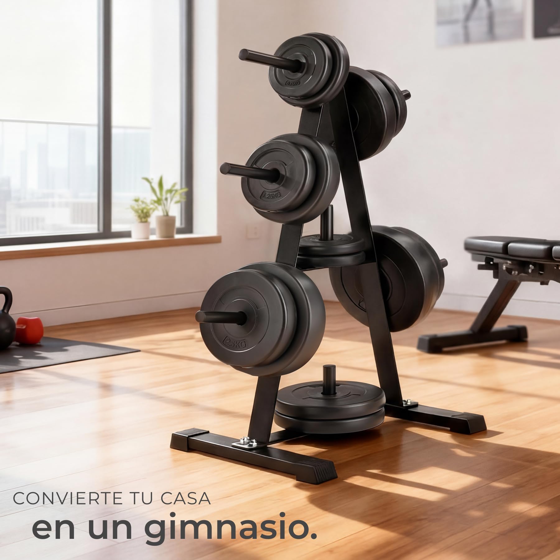 tectake® Soporte Pesas con 7 Barras para Discos de 25 mm, Capacidad de Carga 200 kg, Soporte Barra Musculacion, Organizador Gimnasio, para Complementar tu Rack Musculación, Mueble Pesas - Negro