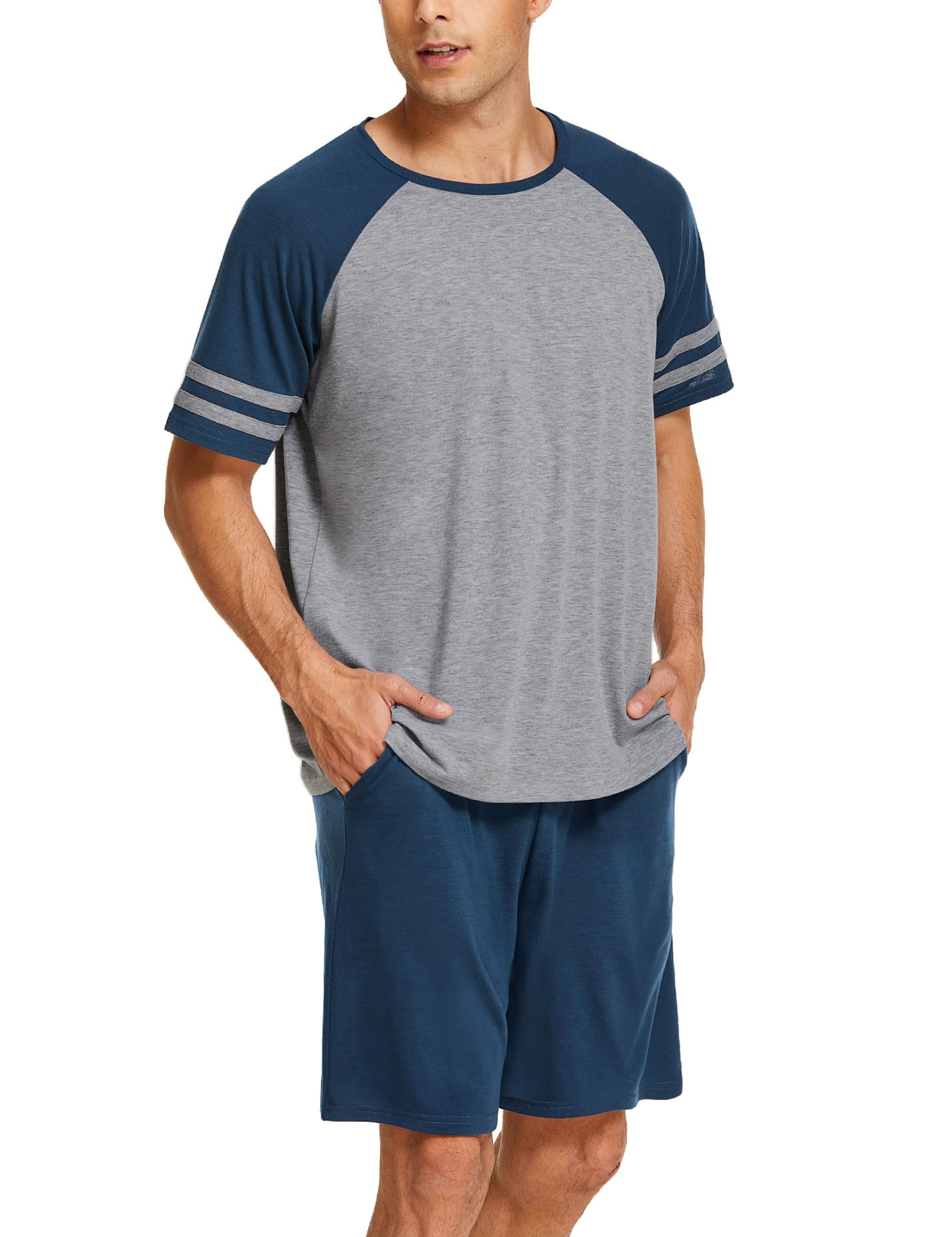 Ekouaer Herren Schlafanzug Kurz Pyjama Kurzarm Sommer T-Shirt und Shorts Zweiteilig Set S-XXL
