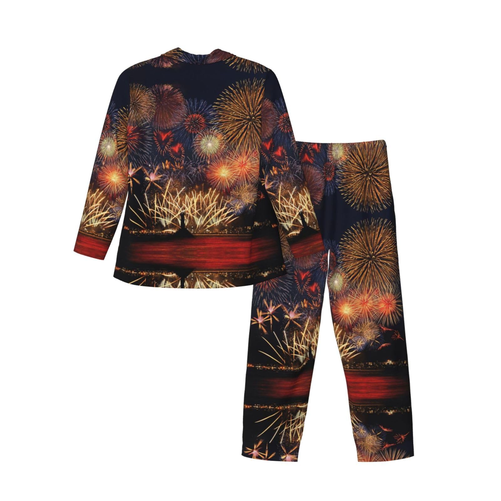 Conjunto de pijama con estampado de fuegos artificiales para hombre, pijama suave de manga larga con botones y bolsillos
