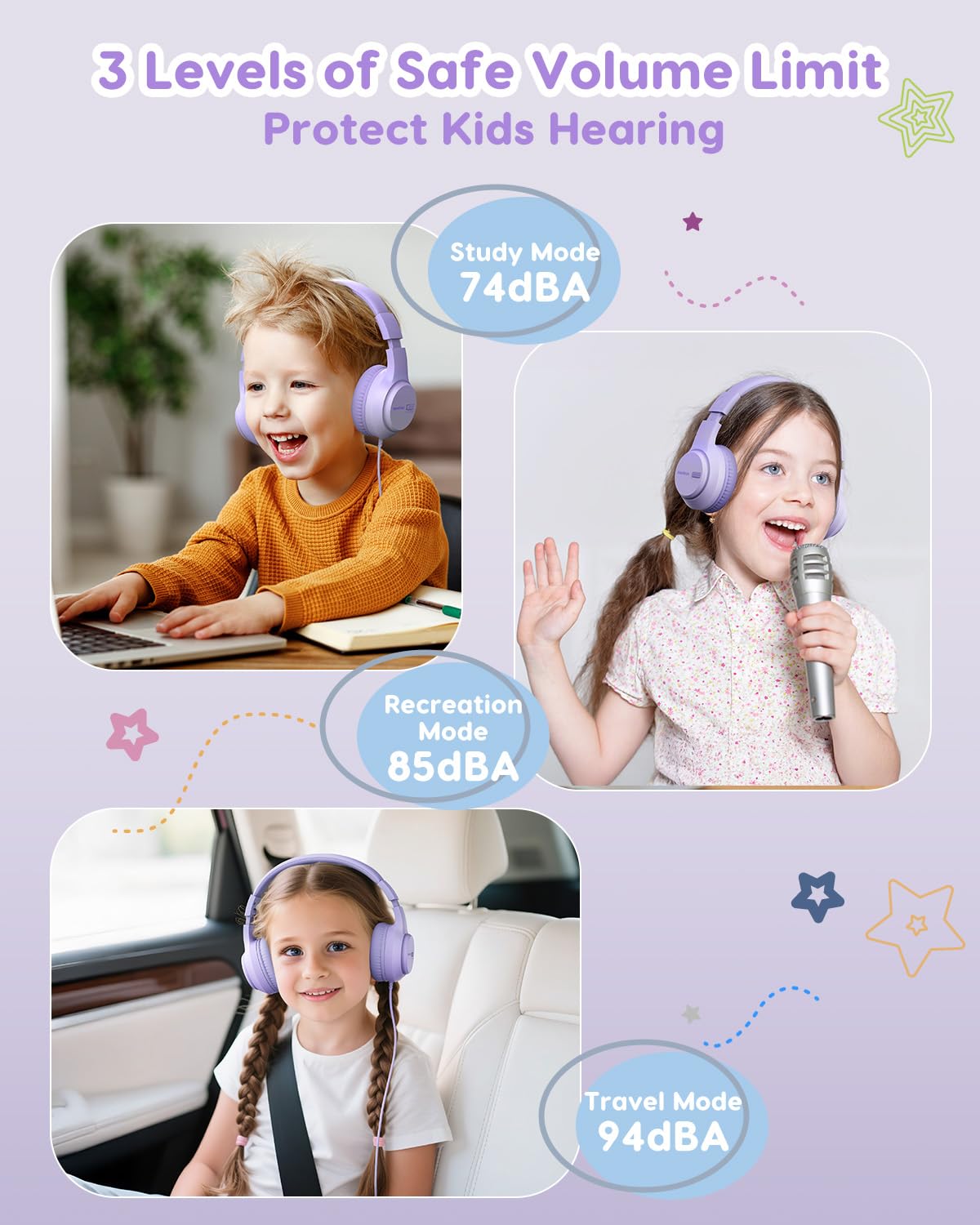awatrue Audio Enfant, 74/85/94dB Volume Sécurisé Casque Filaire Enfant, Son Stéréo, Pliable, 3.5 mm Jack Over Ear Casque pour Enfants pour Ipad/Voyage/Tablette/Téléphone (Violet)