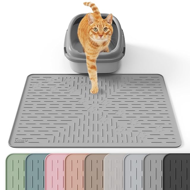 OHMO Alfombra Arenero Gato (60x40cm, Gris), Alfombrilla de Silicona para Recoger Arena, sin BPA, Impermeable