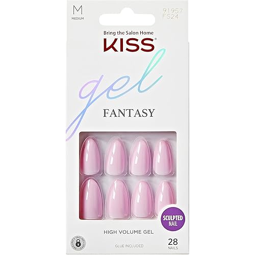 KISS Gel Fantasy, Press On Nails, Nail glue included, 'No Regrets', Light Pink, Medium Size, Almond Shape, Includes 28 Nails, 2g Glue, 1 Manicure Stick, 1 Mini file