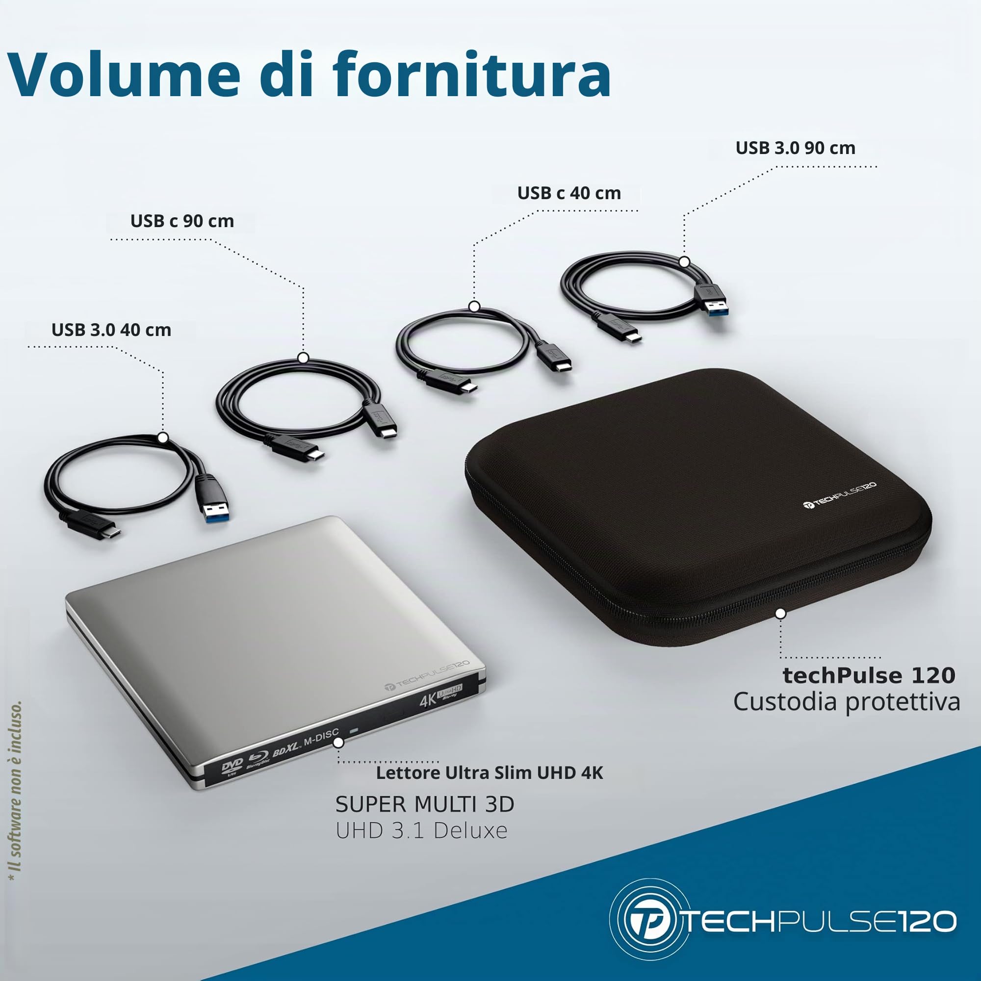techPulse120 Masterizzatore esterno USB 3.1 USB-C UHD 4k 3D M-DISC Blu-ray DVD CD BDXL HDR10 128GB masterizzatore Burner Superdrive BD Imperator borsa 90 cm cavo alluminio Argento