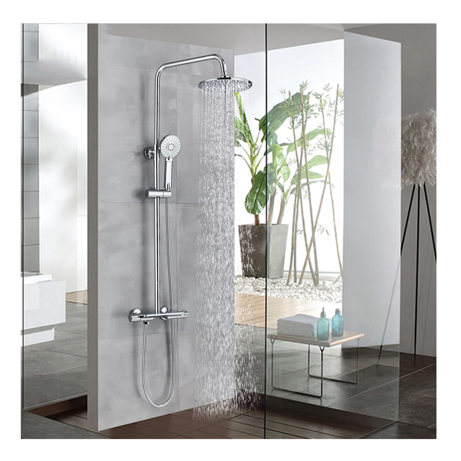Douche thermostatique murale chromée pour des moments de détente sous une pluie d'été relaxante