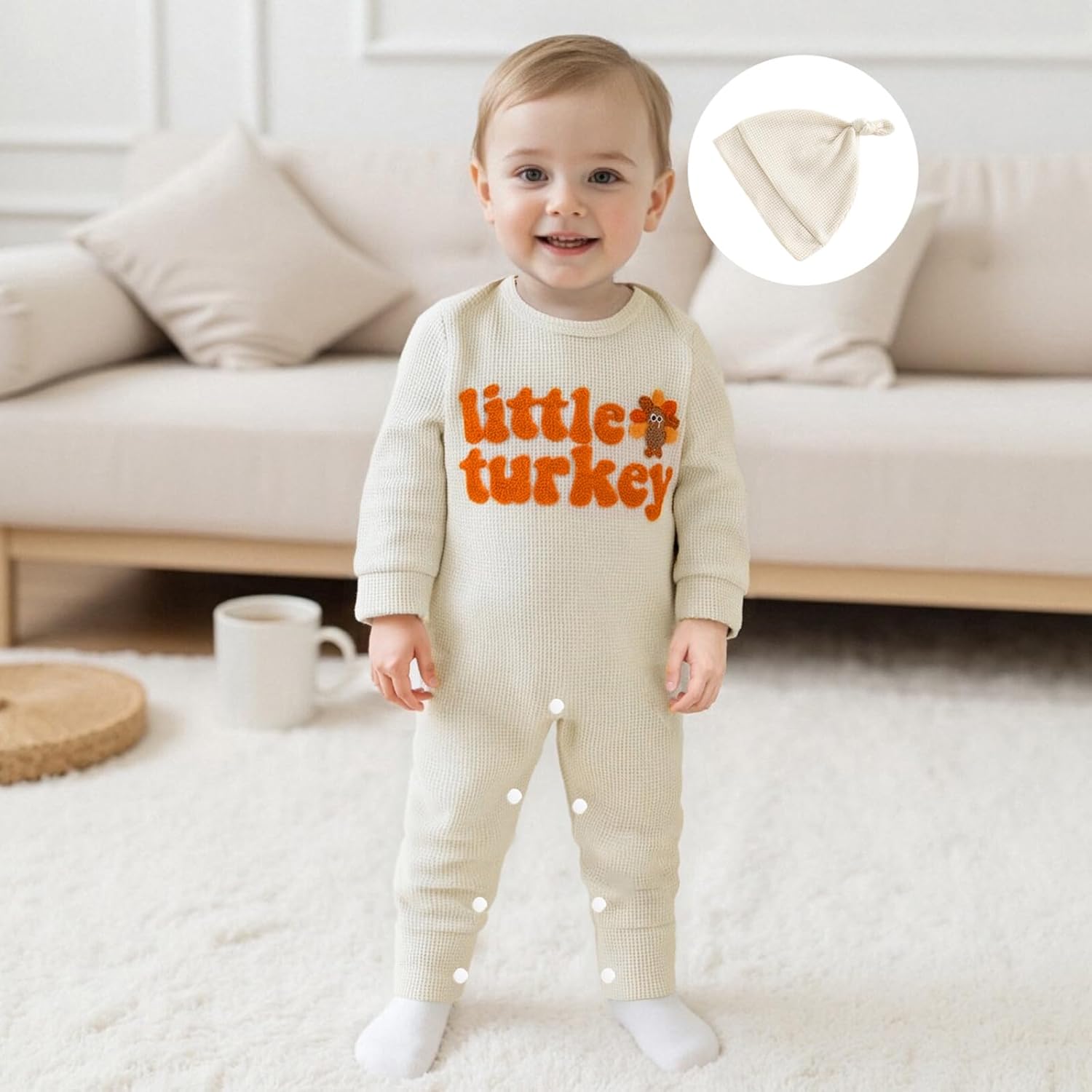Newborn Baby Boy Thanksgiving Outfit Little Turkey Embroidery Waffle Knit Romper Jumpsuit Hat Coming Home Outfit - Image 3