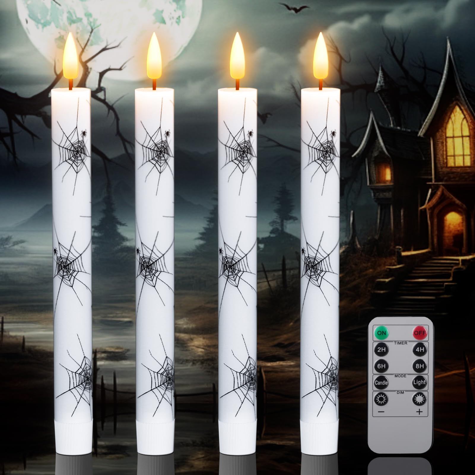 Cobweb Decal Flameless LED Taper Candles with Remote and Timer | Battery Operated Fake Candlesticks, 400 Hours Long Lasting, Spooky Halloween Indoor Decor, 0.78"D x 9.64"H, 4 Pack