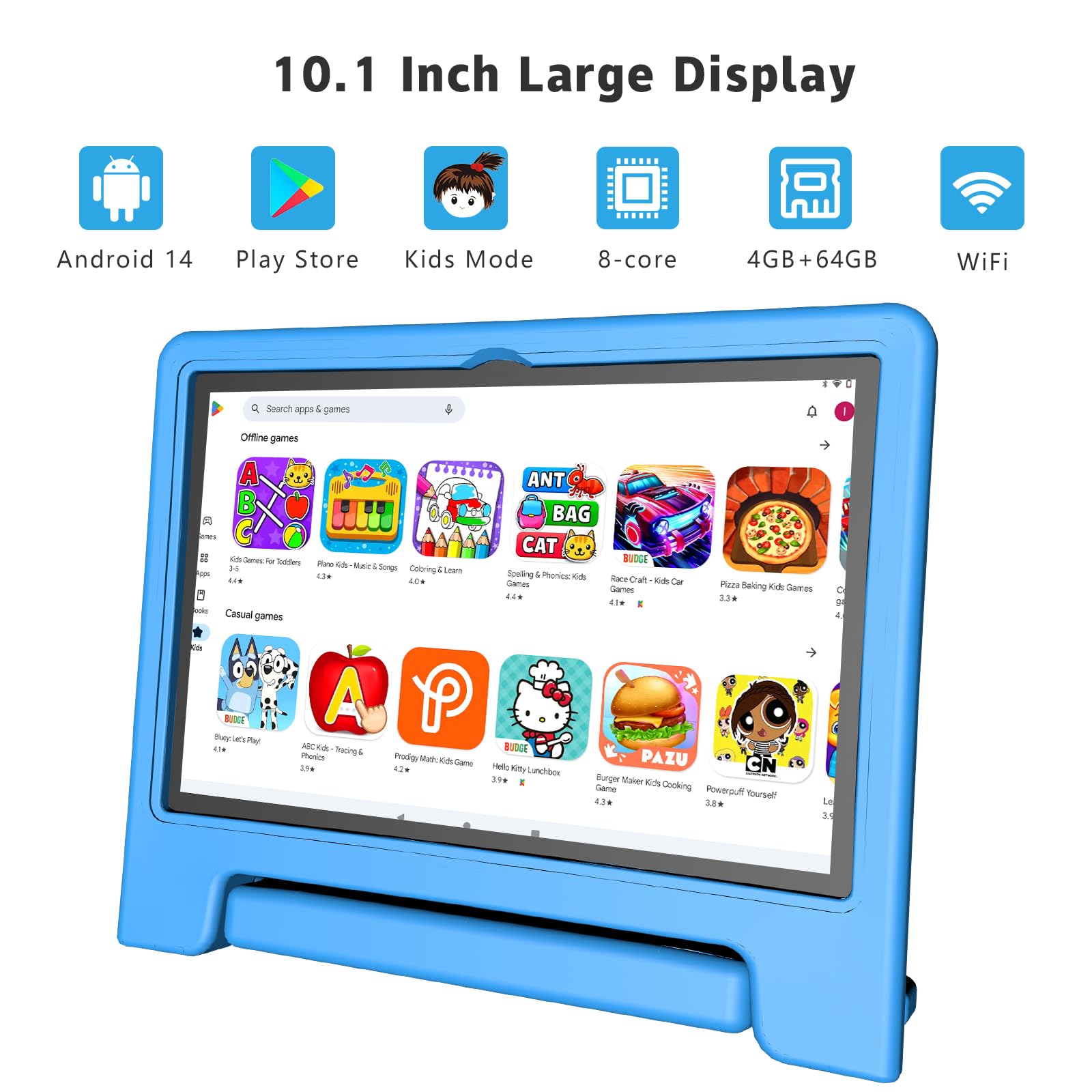 VNEIMQN Tablet per Bambini Android 14, con WiFi e Bluetooth, Doppia Fotocamera 10.1 Pollici HD, Octa-Core, 8GB RAM, 64GB ROM (1TB TF), Controllo Parentesco, Batteria 6000mAh (Blu)