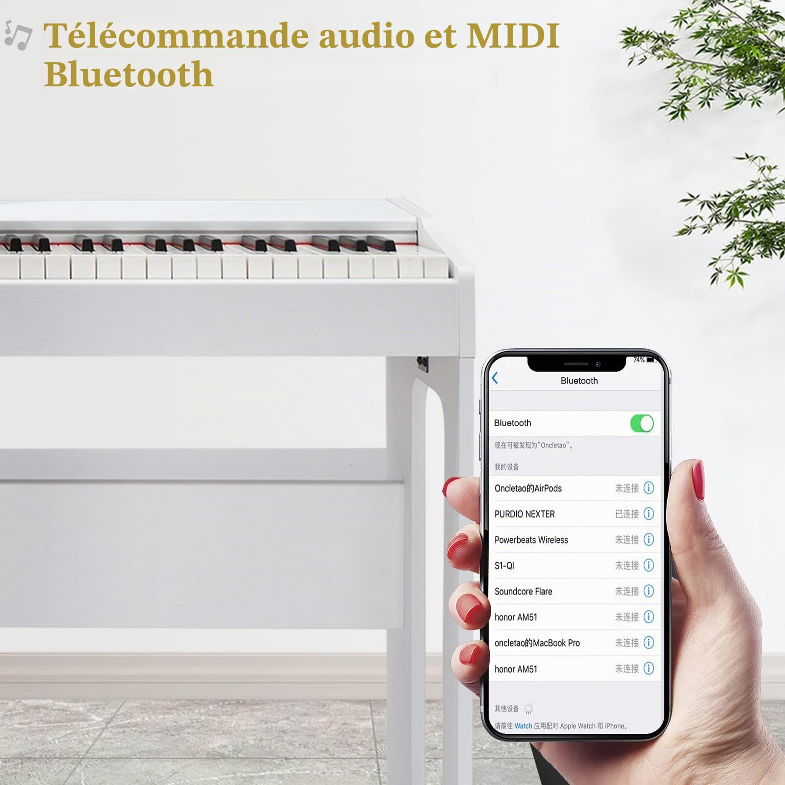 Glarry Piano numérique 88 touches lestées avec casque, marteau complet lesté, clavier électrique lourd, clavier piano avec unité à 3 pédales, double Bluetooth (blanc)