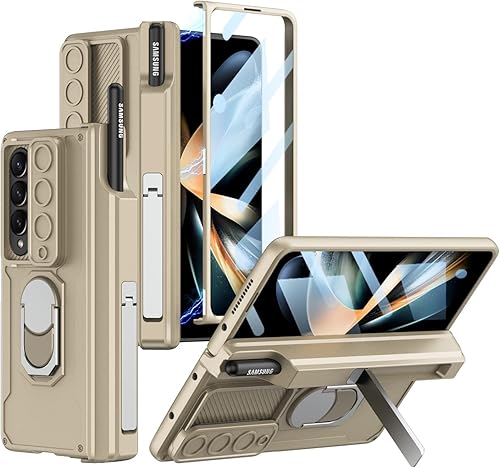 BAILI Funda para Samsung Galaxy Z Fold 4 con cubierta de cámara transitable y protector de pantalla de vidrio templado soporte plegable de 100