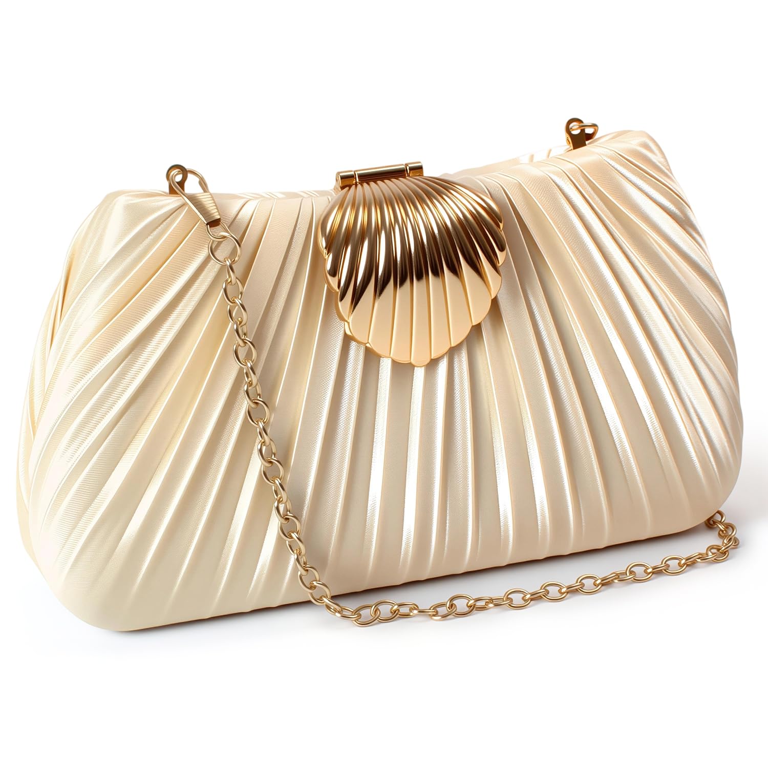 ToKismet Gold Satin Clutch Evening Bag for Women – Elegant Pleated Wedding Party Purse with Chain Strap,Formal Handbag