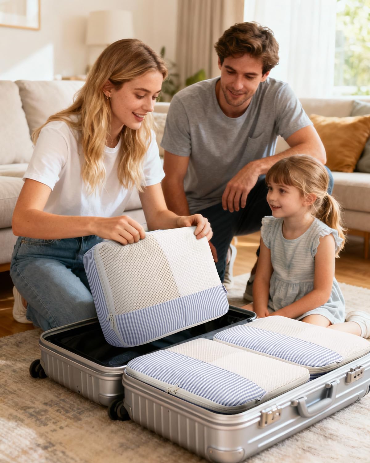 Narwey Organizer Valigia 7 Pezzi Set Packing Cubes, Organizer Valigia Viaggio Salvaspazio, Viaggio Accessori Utili per Vestiti Scarpe Deposito Classificato per Viaggiare (Strisce Blu Grigiastro)
