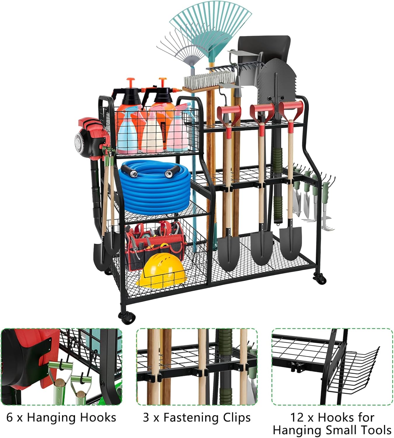 Garden Tool Organizer with 4 Wheels, Garden Tool Rack with 2 Storage Basket, 3 Tier Heavy Duty Utility Garden Tool Storage with 12 Hooks for Yard/Garden/Shed/Garage/Basement/Lawn