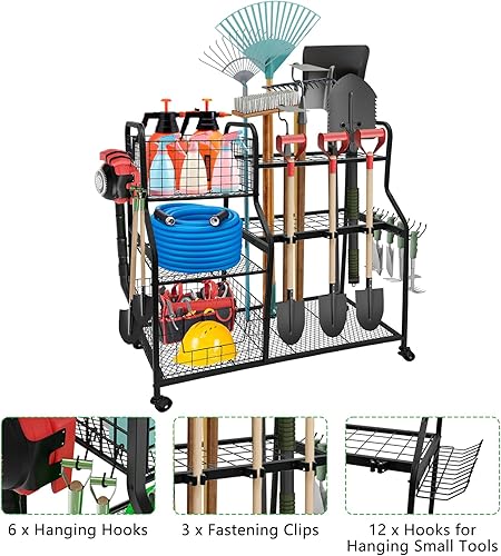 Miniatura 3 de Organizador de herramientas de jardín para garaje, organizador de herramientas de patio de 3 niveles y soporte de almacenamiento con ruedas, estante