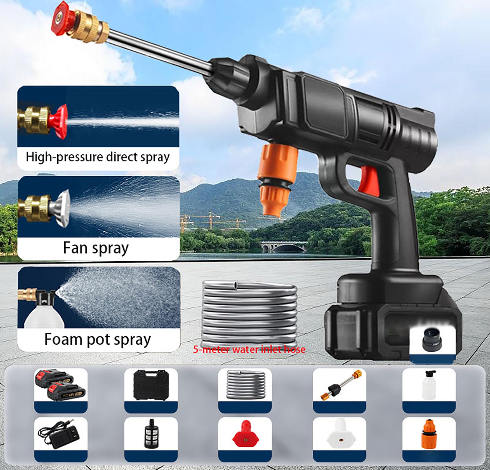 Hidrolimpiadora portátil inalámbrica: limpiadora de Alta presión de Mano con Boquilla Ajustable 6 en 1 y cañón de Espuma. Incluye batería. Ideal para Coches, Jardines 5 Meters