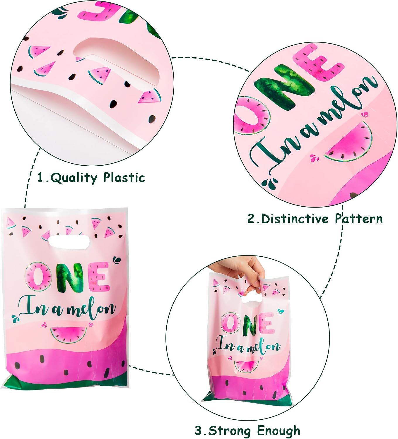 50Pcs One in A Melon Party Favor Bag Watermelon Themed Waterproof Goodie Bag with Die Cut Handles Summer Glossy Plastic Candy Gift Bags for Kid First Birthday Baby Shower Decoration Supplies image 3