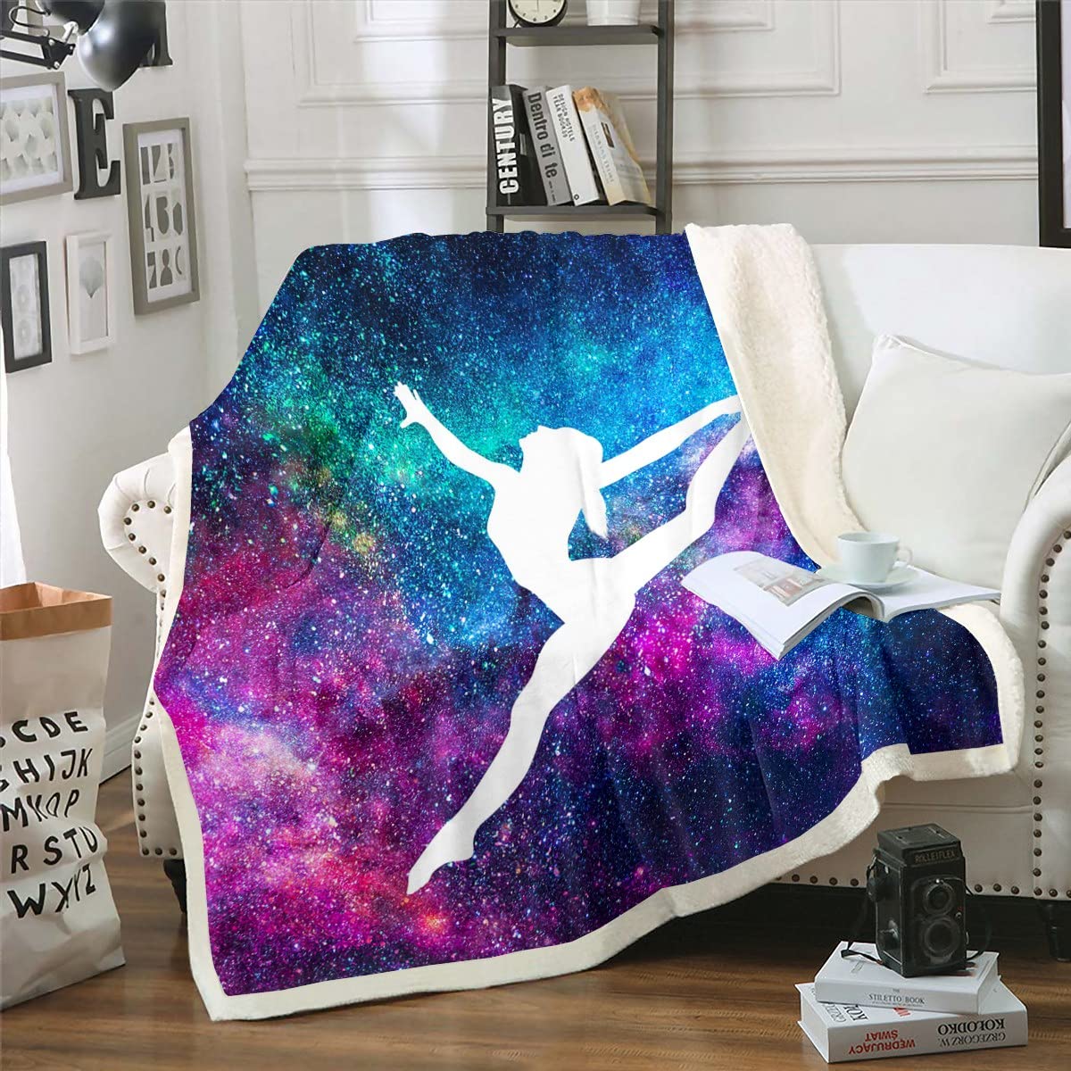 Homewish Gymnastik Decke Gymnastik Liebhaber Decke Werfen Galaxie Sternenhimmel Fleece Decke Lustige Tänzer Silhouette Fuzzy Decke Turner Geschenke für Mädchen Jugendliche Frauen 150x200 Sherpa Decke