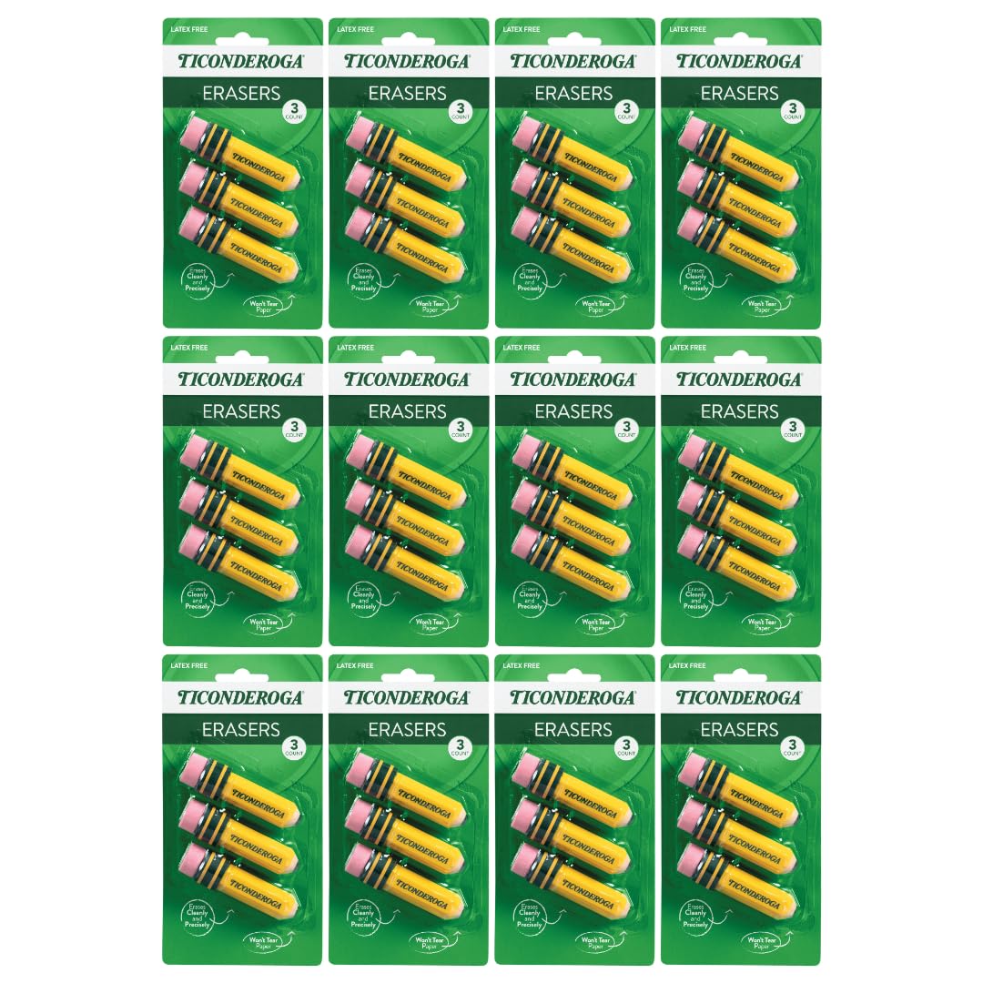 Ticonderoga Pencil Shaped Erasers, 3 Erasers/Pack, 12 Packs