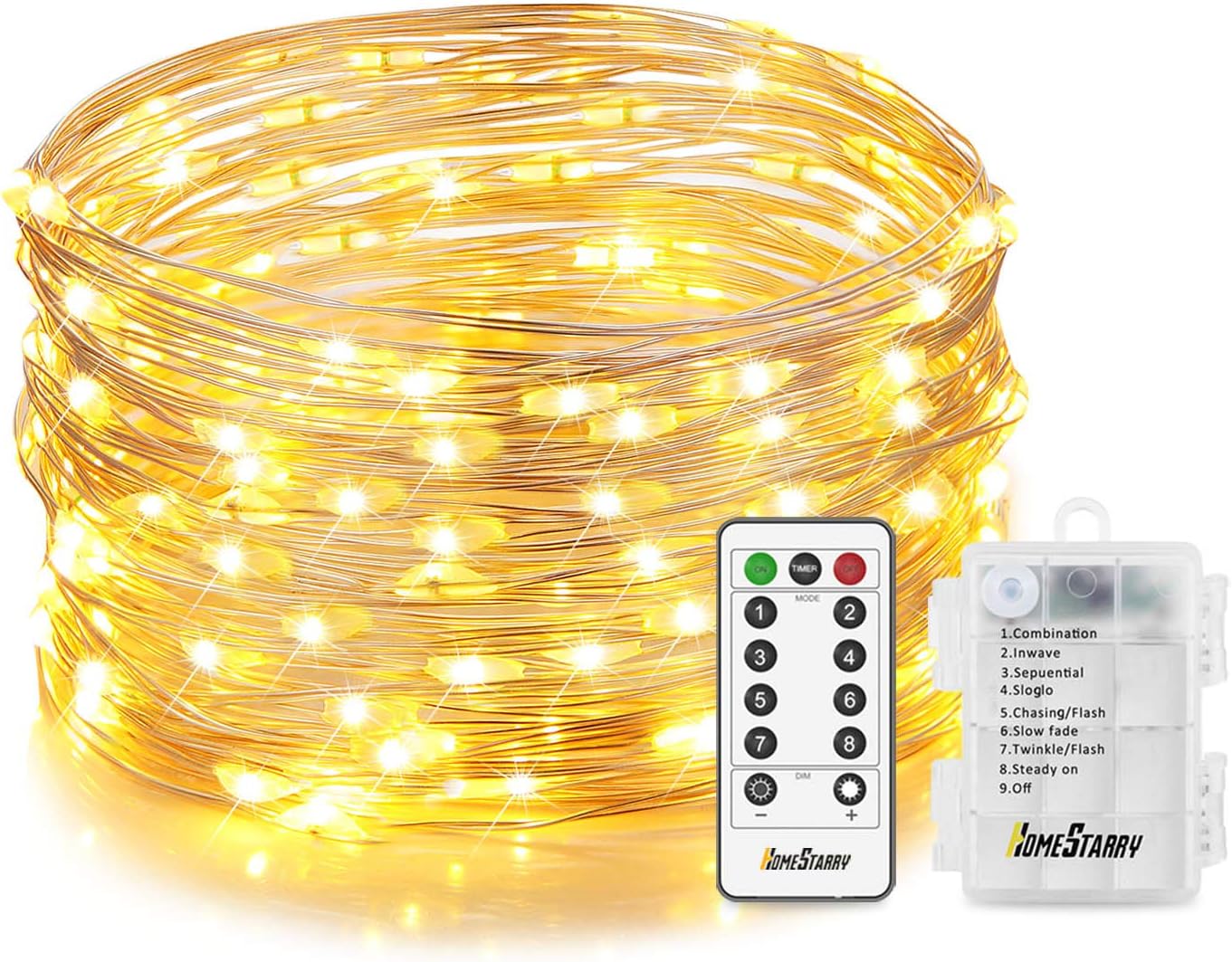 Homestarry Fairy Dimmable String Lights Flexible Silver Wire Battery Operated, Waterproof Design with Wireless Remote Control, 16.4 ft 66 LEDs, Warm White, 66LEDs