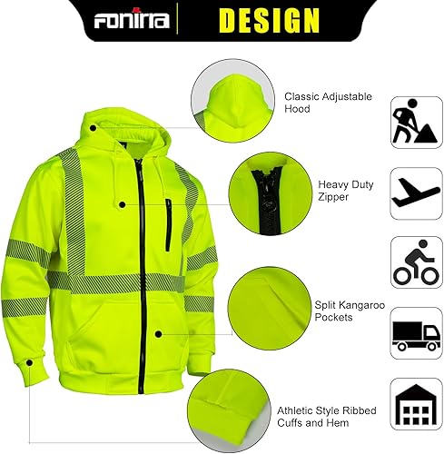Miniatura 3 de FONIRRA Hi Vis - Sudadera con capucha de forro polar de seguridad para hombre, chaqueta reflectante ANSI Clase 3, sudaderas de alta visibilidad con