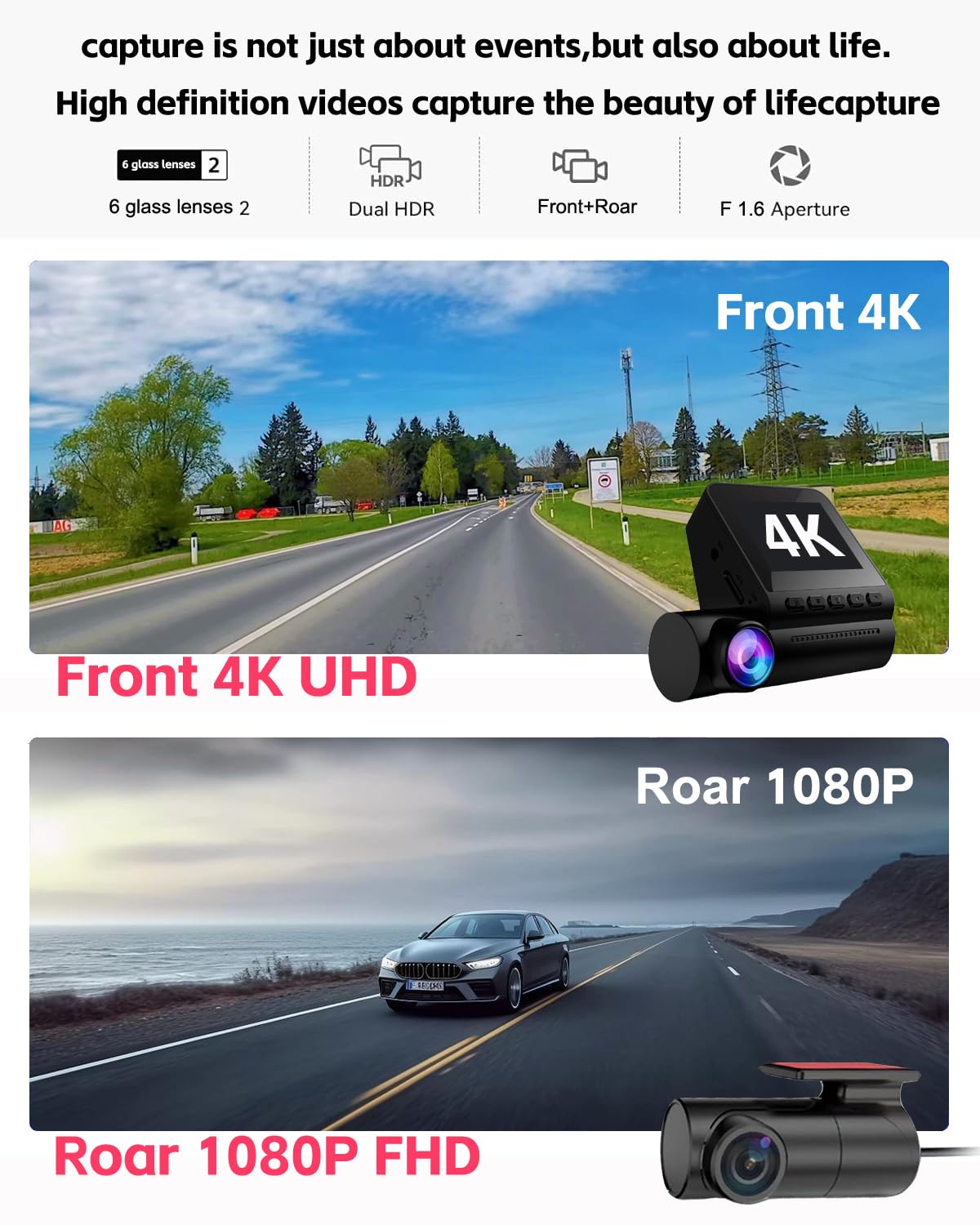 CruGEos Dash Cam Front Rear, 4K dashcam Front and Rear Camera with Night Vision, Free 64GB Card and Hardwire Kit, G-Sensor, Built-in Wi-Fi GPS,Loop Recording,24 Parking Surveillance