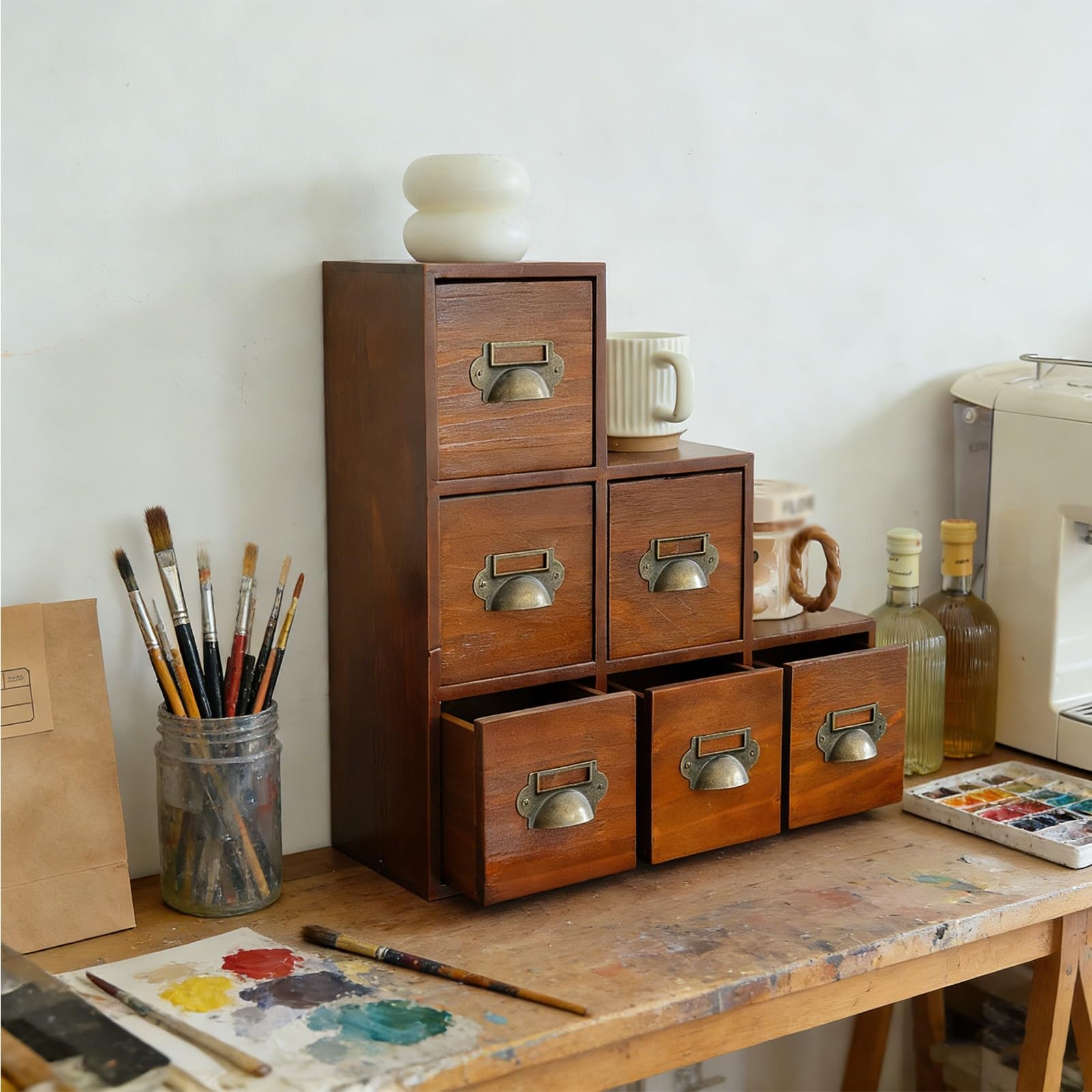 Gabinete De Almacenamiento De Madera, Organizador De Sobremesa Con Asas De Metal, Diseño Escalonado, Boticario Y Tarjetero Para Té, Manualidades, Cosméticos