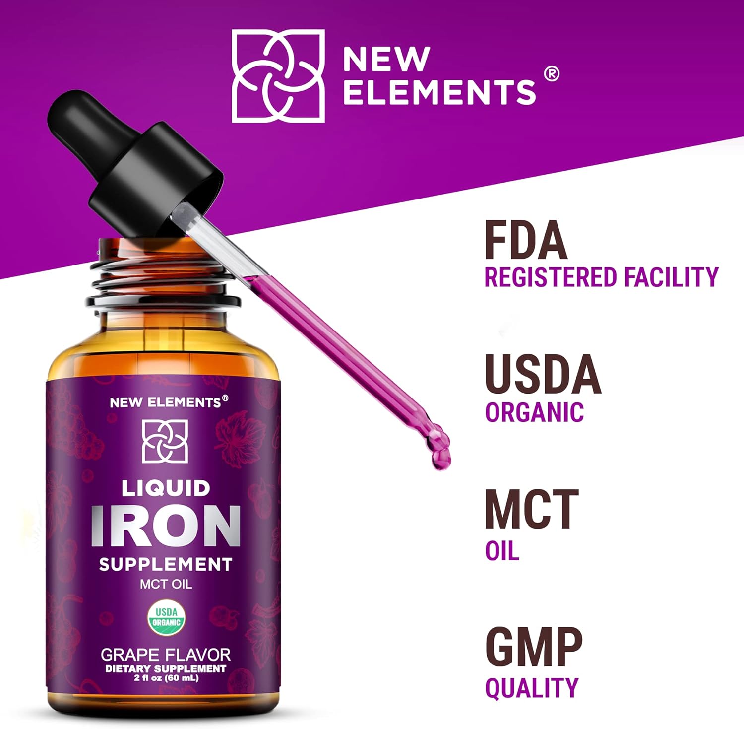 Iron Supplement for Women & Men Free Blood Builder, Iron Vitamin for Anemia USDA Organic Liquid Iron Drops for Adults with MCT Oil, Natural Grape Flavor, Faster Absorption & Immune Support, 2 Fl Oz : Health & Household