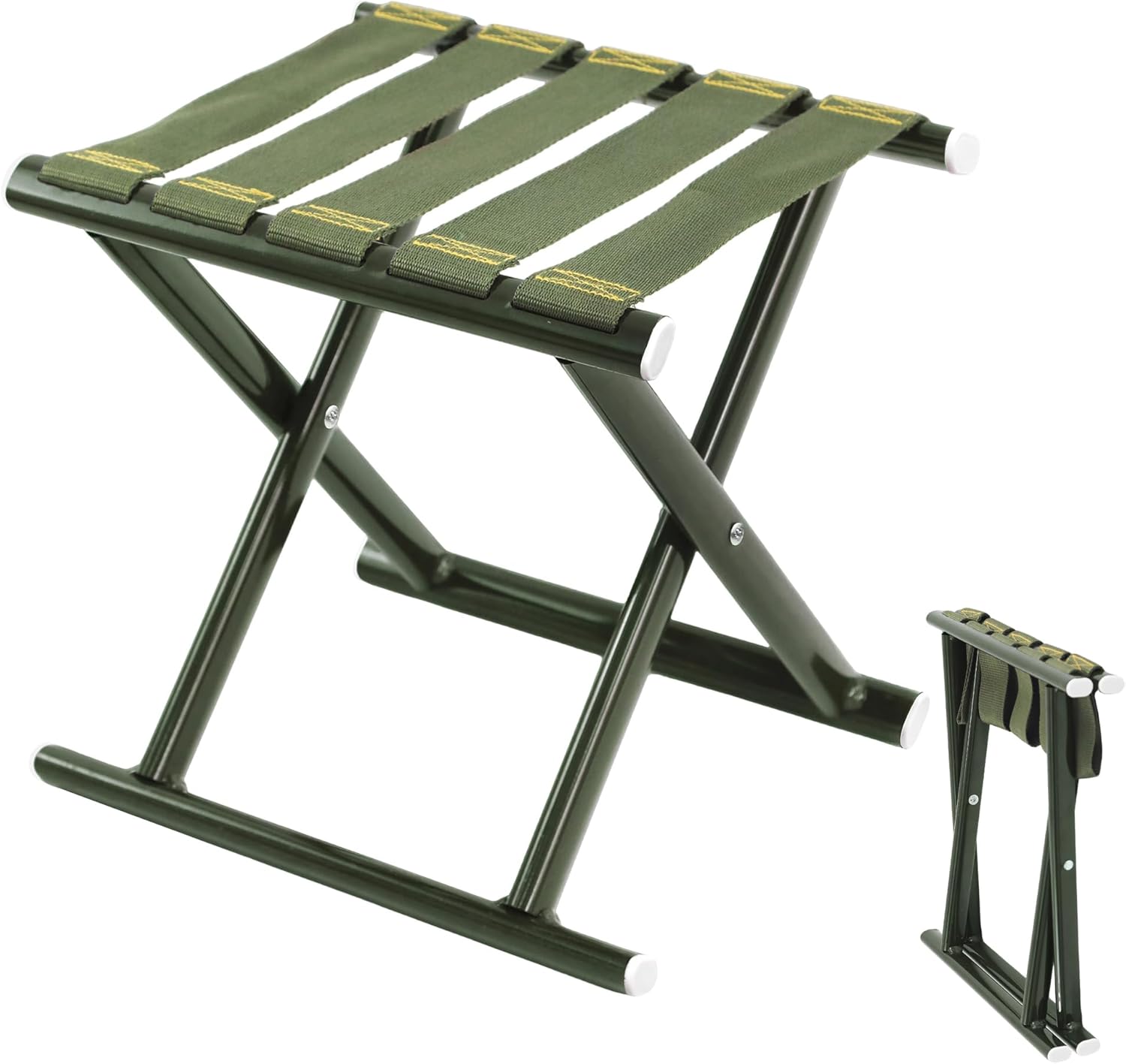 Heavy Duty Folding Stool, Full Steel Frame Camping Stool for Adults, 400LBS Capacity Military Green Portable Stool with Thickened Webbing, Anti-Slip Feet for Outdoor Camping Hunting Fishing Gardening