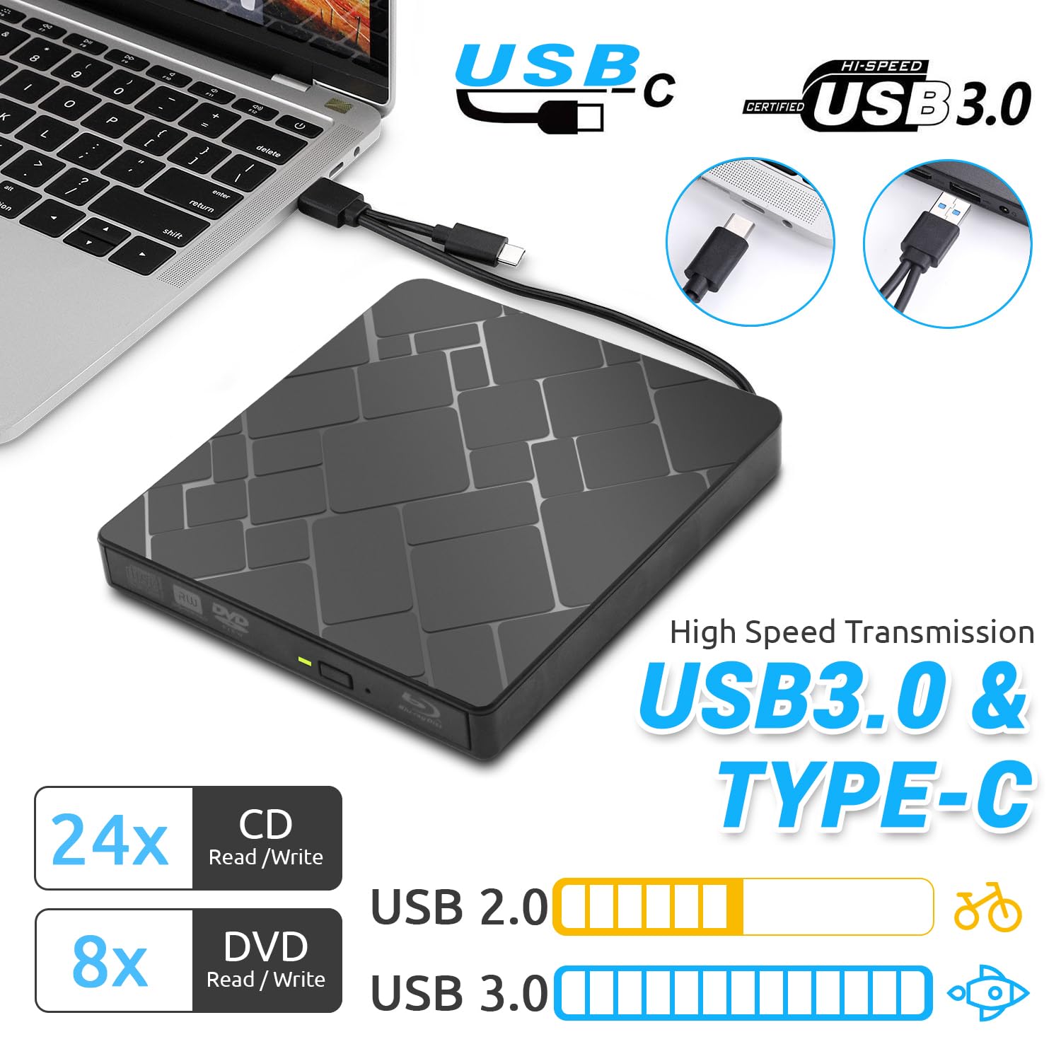Lecteur Blu Ray Externe - Portable Lecteur Blu-Ray Externe USB 3.0 et Type-C Lecteur Blu Ray 3D Graveur BD Lecteur CD DVD Drive Player, Slim Optical Bluray Drive Reader pour Windows XP/7/8/10/11