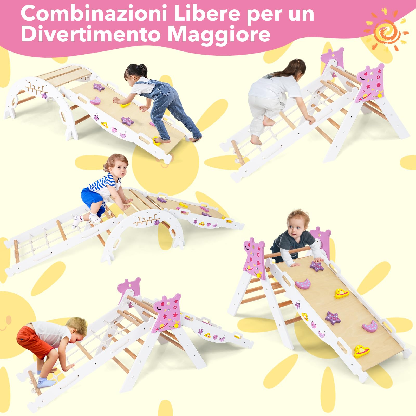 RELAX4LIFE Set da Arrampicata per Bambini, Triangolo di Arrampicata con Scivolo e Arco, Gioco di Incastri in Legno, Gioco Montessori per Bambini 1+ Anni (Unicorno-4 Pezzi | Bianco)
