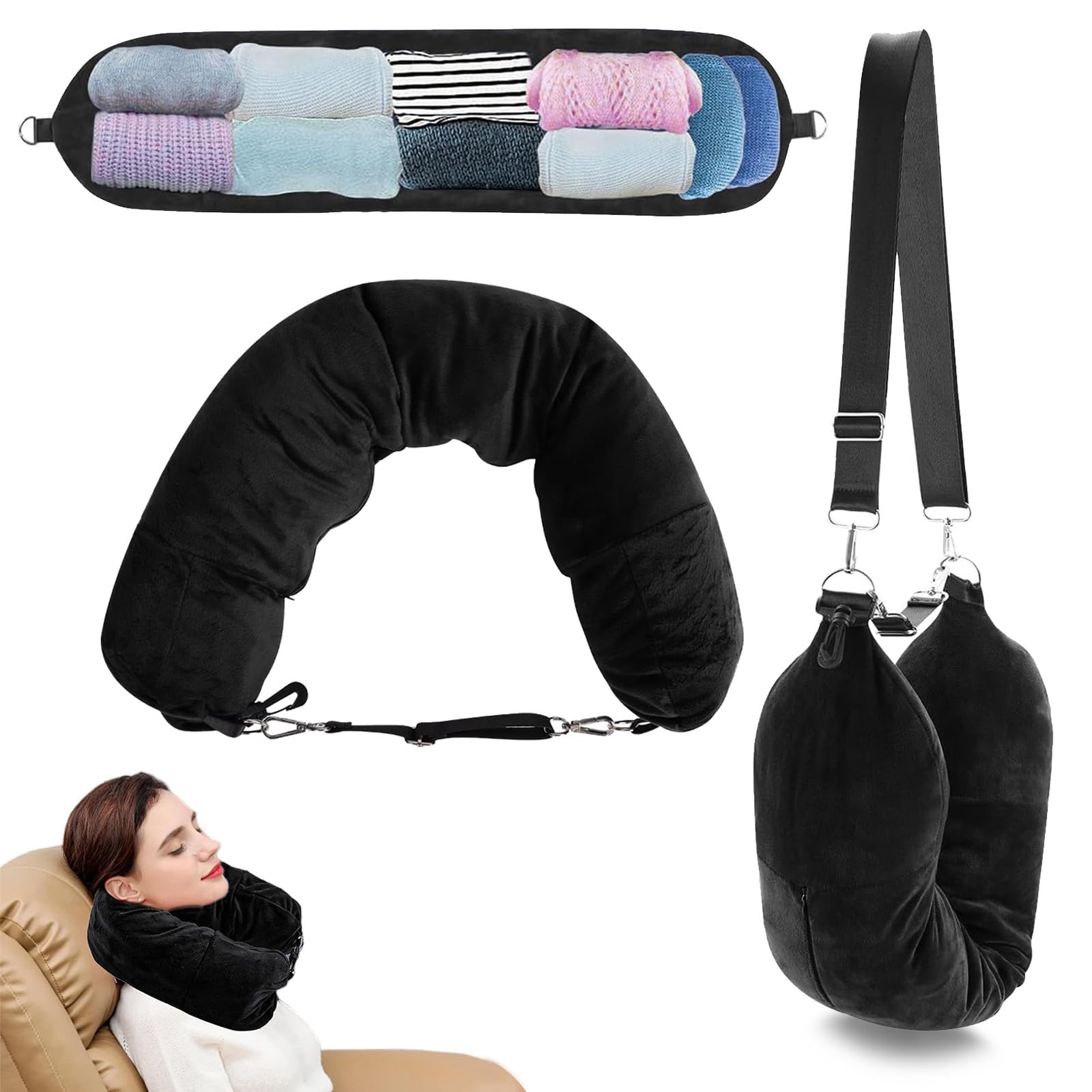 Baieye Almohada Viaje Rellenable Ropa,Terciopelo de Cristal Almohada Avion,MultifuncióN Portátil Cuello Viaje,con Bandolera Ajustable Desmontable,Espacio de Almacenamiento Adicional(Negro)