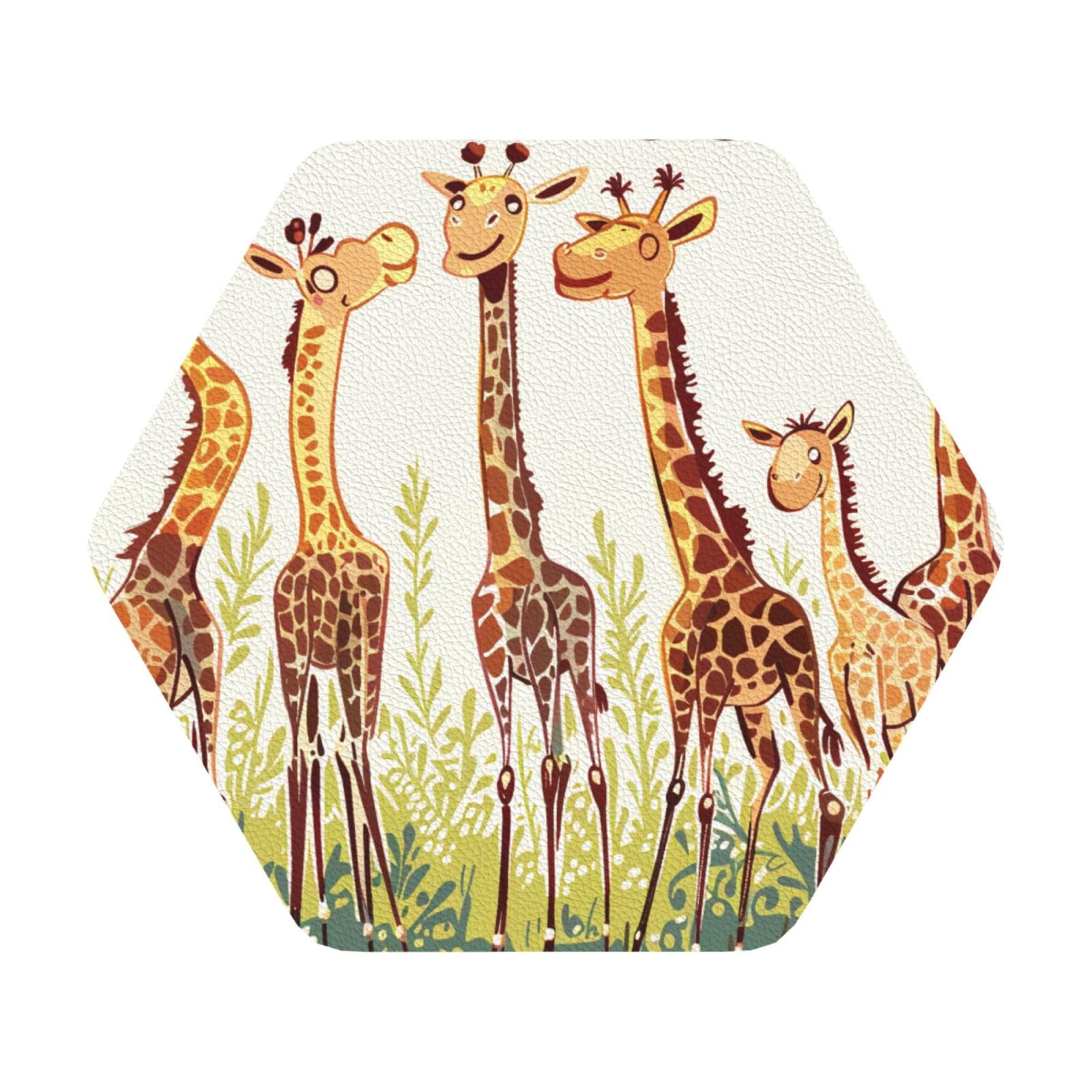 Cute Wild Cartoon Giraffes Print Leather Coaster Set of 6, Hexagon Coasters Table Decorative Coffee Cup Beverage Coasters Wine Beer Bar Coasters for Hot Drinks Table Protection