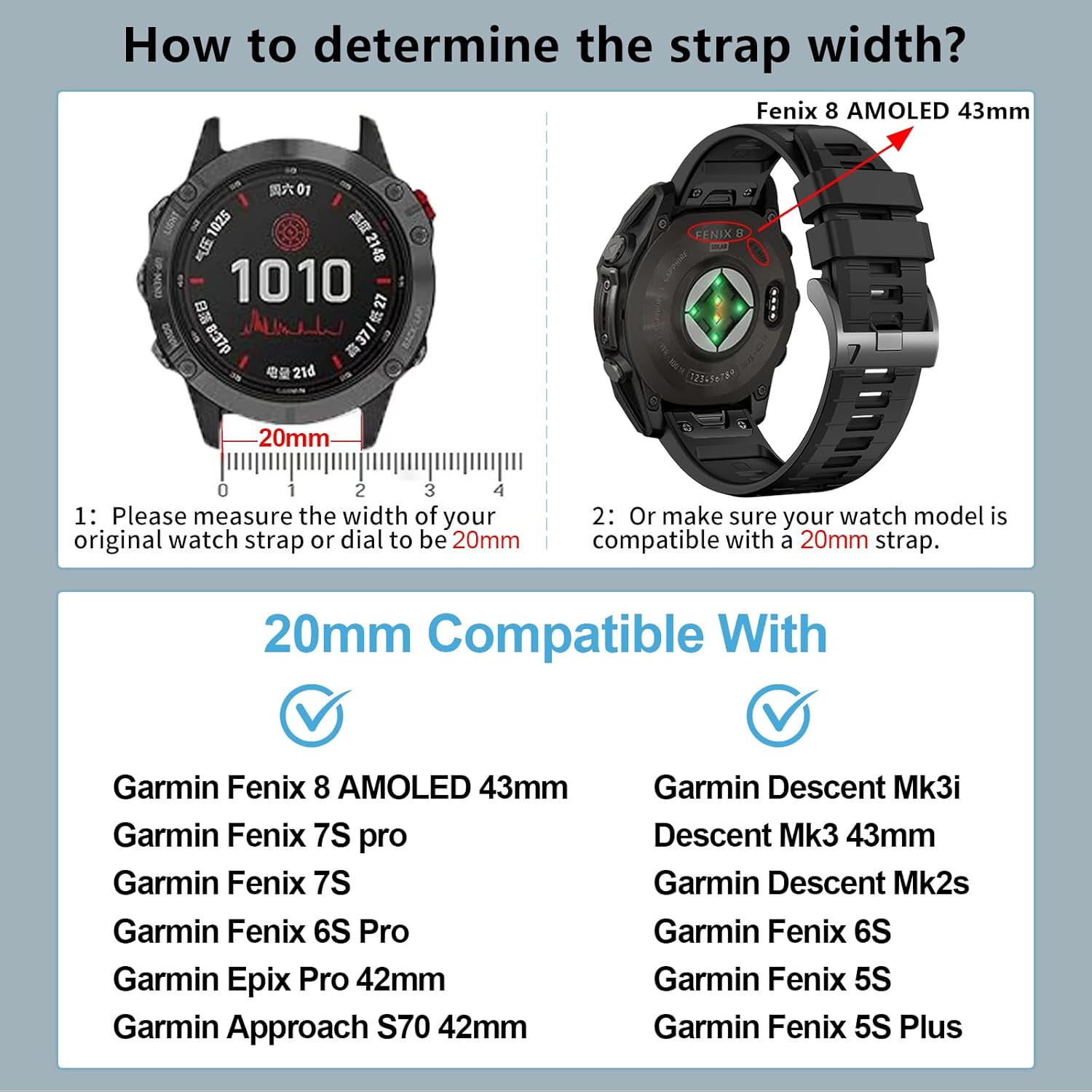 ZPJPPLX 20mm Quick fit band Compatible with Garmin Fenix 8 AMOLED-43MM/7S 6S Pro/7S/6S 5S/5S Plus Watch Band,Soft Silicone Straps for Approach S70 42mm/Descent Mk3 3i 43mm/Mk2S/epix Pro 42MM - Image 2