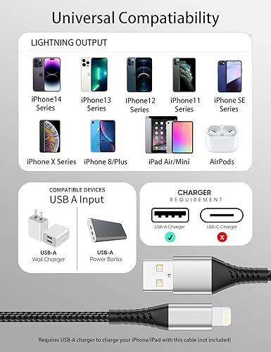 Miniatura 7 de Cable corto de carga para iPhone de 6 pulgadas, 0.5 pies, paquete de 3 cables USB A a Lightning para estaciones de carga rápida, certificado MFi,