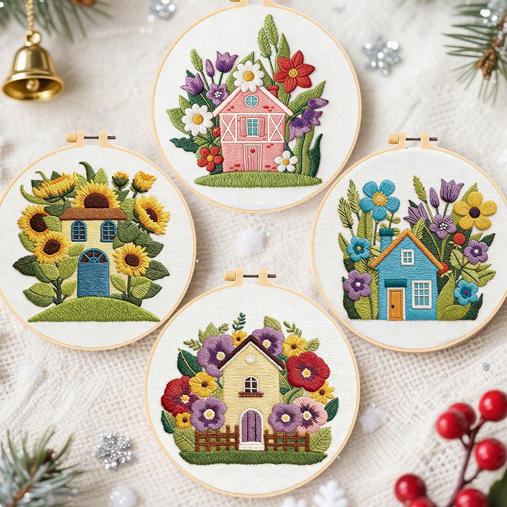 FREEBLOSS Stickset Für Erwachsene Anfänger Blumenhaus Motiv Vorgestanzte Stickvorlagen Stickstarter Set Mit Anleitung Kreuzstich Sets Für Frauen DIY Bastelgeschenk 4 Zoll