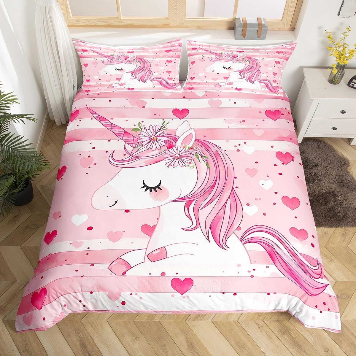 Unicorn Duvet Cover Set Toddler Size,Cartoon Pink Flower Bedding Set,Dreamy Fairy Tale Animals Quilt Cover for Kids,Comforter Cover(No Filler),2 Pcs