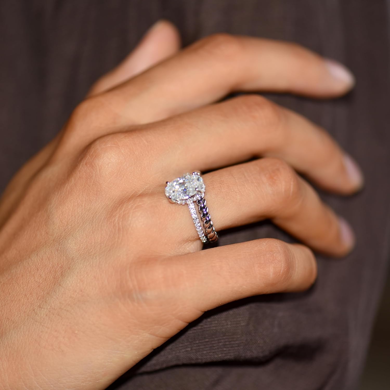 espere 3 Carat Oval Cut Moissanite Engagement Ring with Paved Band and Hidden Halo | 14K Gold Plated Sterling Silver Solitaire Bridal Ring | Anniversary for Her