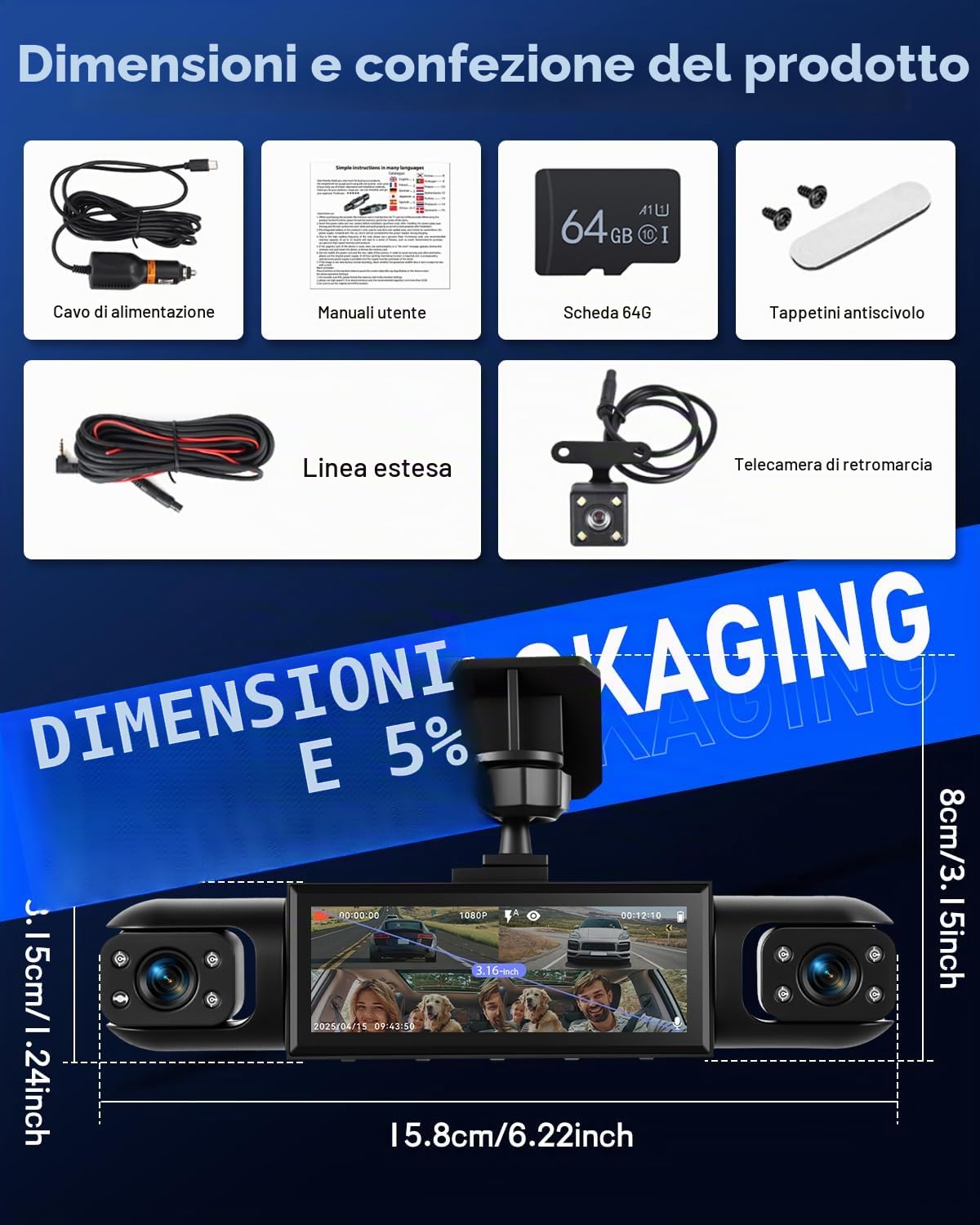 NHOPEEW Dashcam a 4 canali anteriore e posteriore per auto con display da 3,16 pollici - Dashcam a 360° con supporto 8R, visione notturna, registrazione in loop e rilevamento del movimento